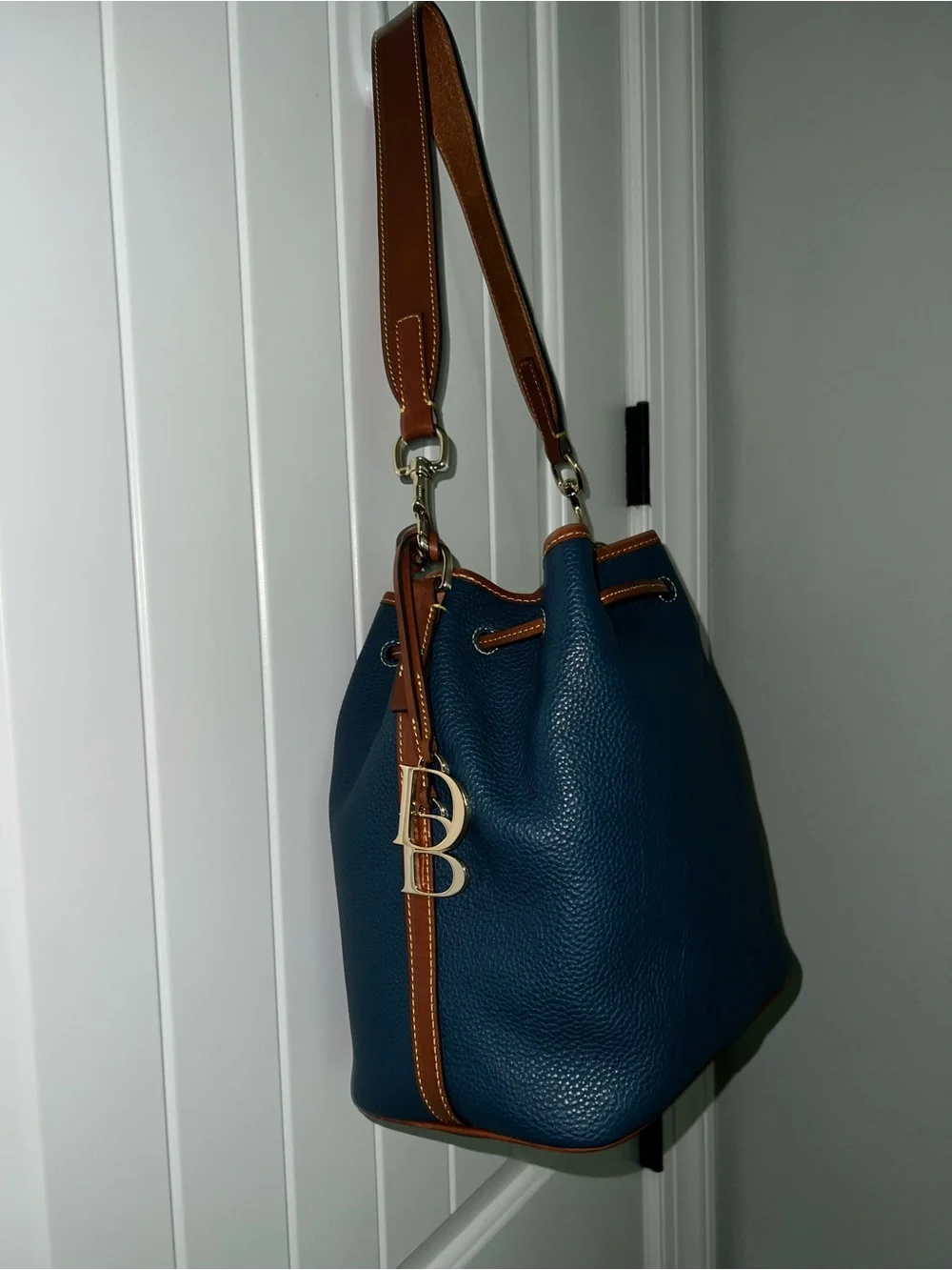 Dooney & Burke Women’s Jeans Blue Drawstring Bucket Bag with Tan Trim